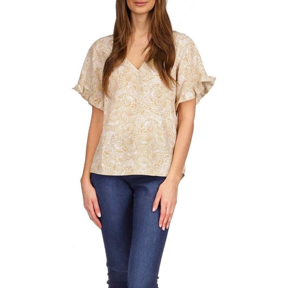 MICHAEL KORS PAISLEY-PRINT RUFFLED-SLEEVE TOP in Khaki, XS $98 MSRP